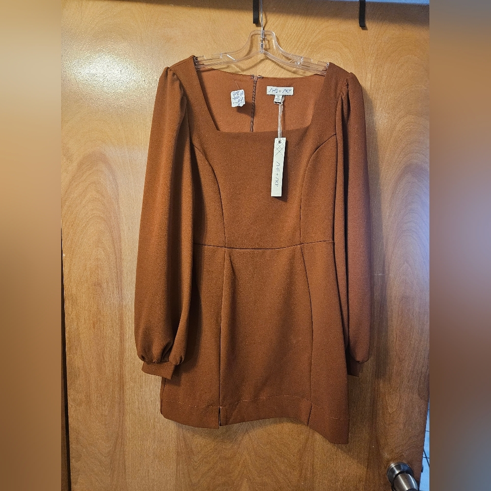 She and Sky Rust Brown Square Neck Long Sleeve Mini Dress